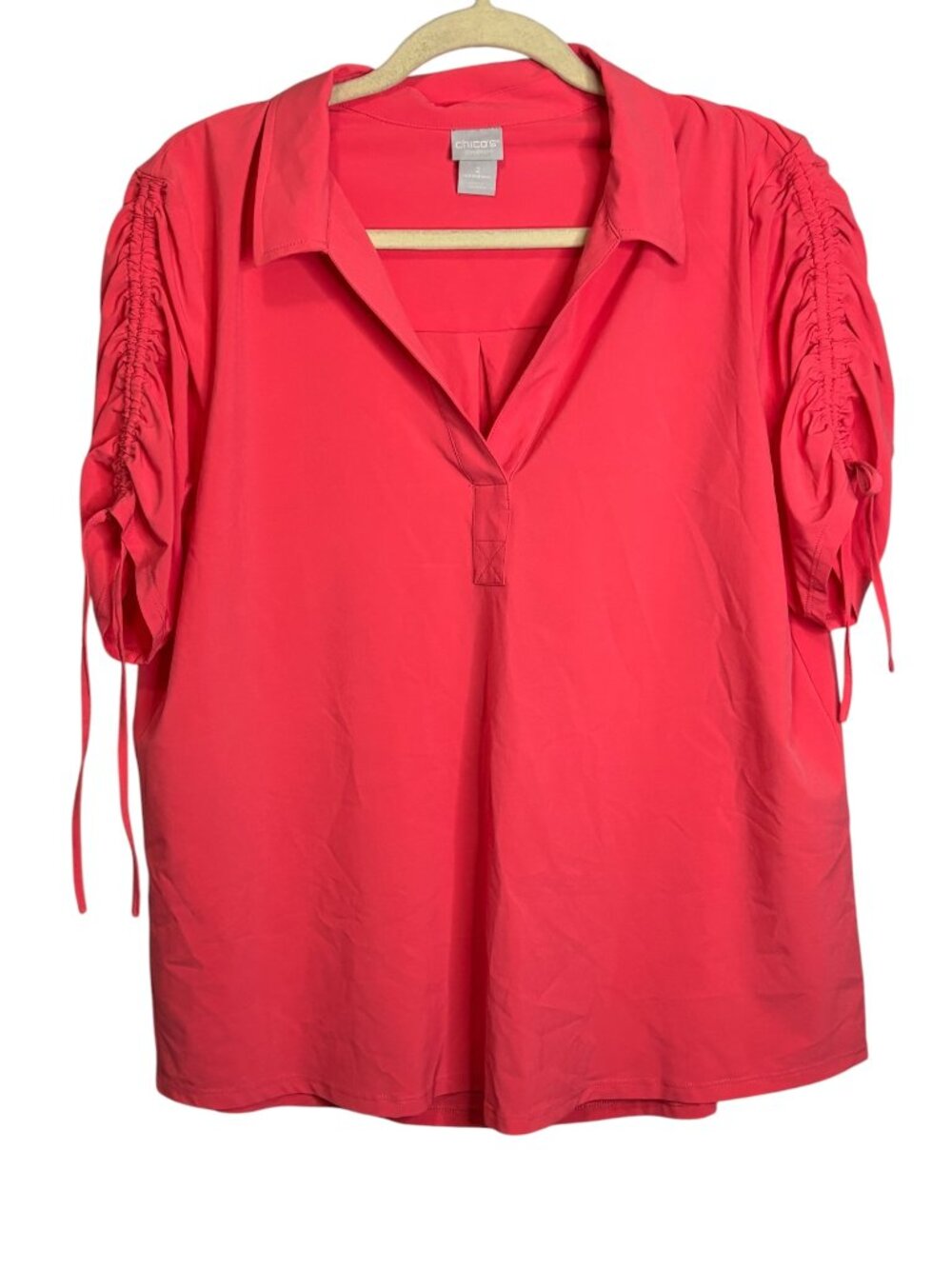 Chico's Blouse Women's Large Zenergy Ruched Sleeves Casual Coral Pink Chicos 2
